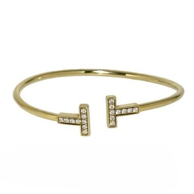 Tiffany & Co. T Draht Armband Medium 18K YG Diamant 0,24ct Armreif gebogen gebraucht