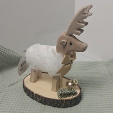 Small Faux Fur Reindeer Christmas Tabletop Decor Wood Base Gold Bow