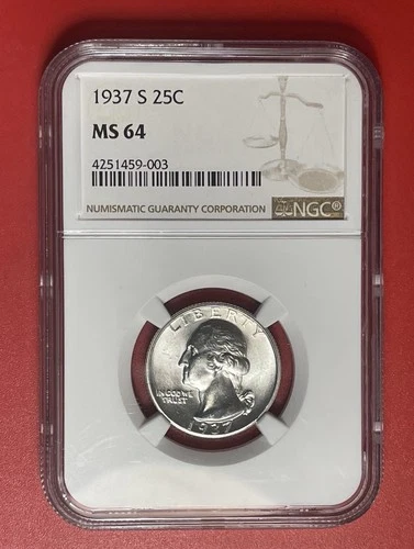 1937 S Washington Silver Quarter, Uncirculated, NGC Graded MS64.