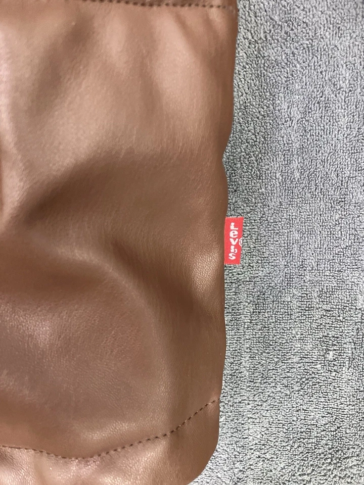 Levis Jacket Mens XL Brown Faux Leather Puffer Coat Bubble Hipster Long Sleeve - Image 3 of 4