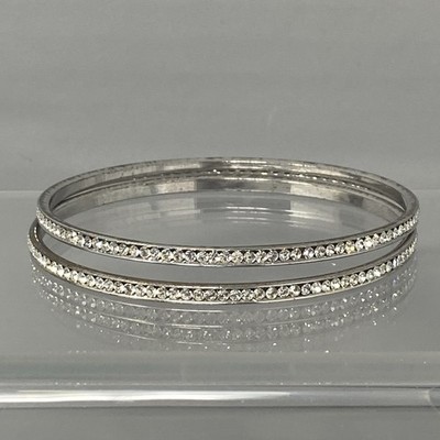Silver Tone Bangle Bracelet Pair (2) Glass Rhinestones Pave Large 8''
