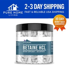 Pure Betaine HCL Capsules - 200 Count for Digestive Health Support, No Additives
