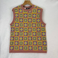WESC Pink/Yellow Crochet Granny Square Knit Vest Mens M Womens L Grandma Boho