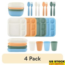 24Piece Kids Plastic Dinnerware Set BPA Free Dishwasher Microwave Safe Square US