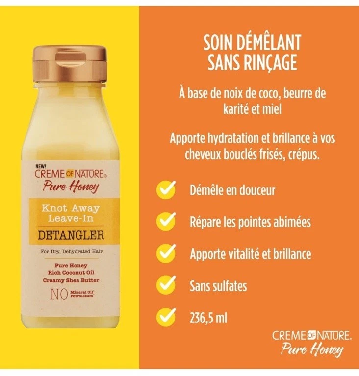 Desenredante sin enjuague de miel pura Creme of Nature Knot Away, miel, aceite de coco 8 OZ Foto 3 de 3