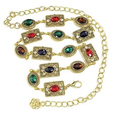 Gold Tone Hip Chain Belt Multicolor Jeweled Rhinestone Metal Belly Dancer OS