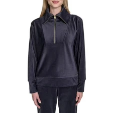 Halston Women's Velour Quarter-Zip Pullover Size Large Navy