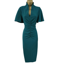14 UK Karen Millen Teal Green Fitted Plunge Crepe Pencil Dress Party Evening
