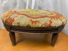 Antique Victorian Foot Stool Needlepoint Upholstered Carved Wooden Legs 12x10"