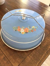 Vintage mid century Blue With Flowers Metal Cake Pie Carrier  handle glass knob