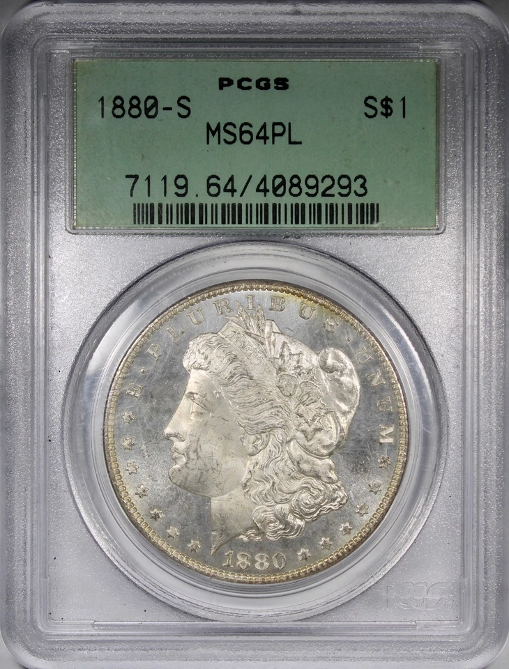 1880 年 S 版摩根美元 PCGS 评级 MS64PL OGH 旧绿色持有人证明类似