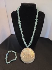 Beachy Theme Pale Green Glass Necklace 18"-20" Pearled Shell Pendant  Bracelet