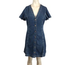 GAP Denim Dress Womens Medium Blue Button Front V-Neck Short Sleeve Mini Dress