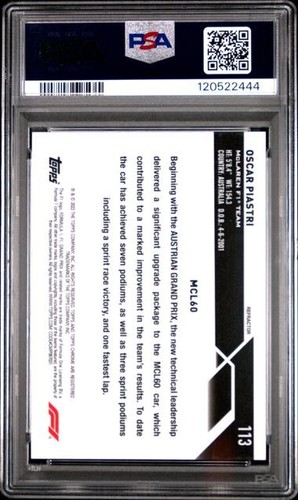 OSCAR PIASTRI 2023 Topps cromo F1 refractor #113 PSA 10 GEMA COMO NUEVO RC - Imagen 2 de 2