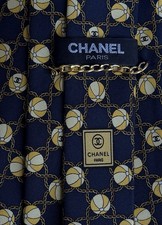CHANEL PARIS 100% Silk Tie VTG Designer Logo Interlocking CC Chains Blue Yellow