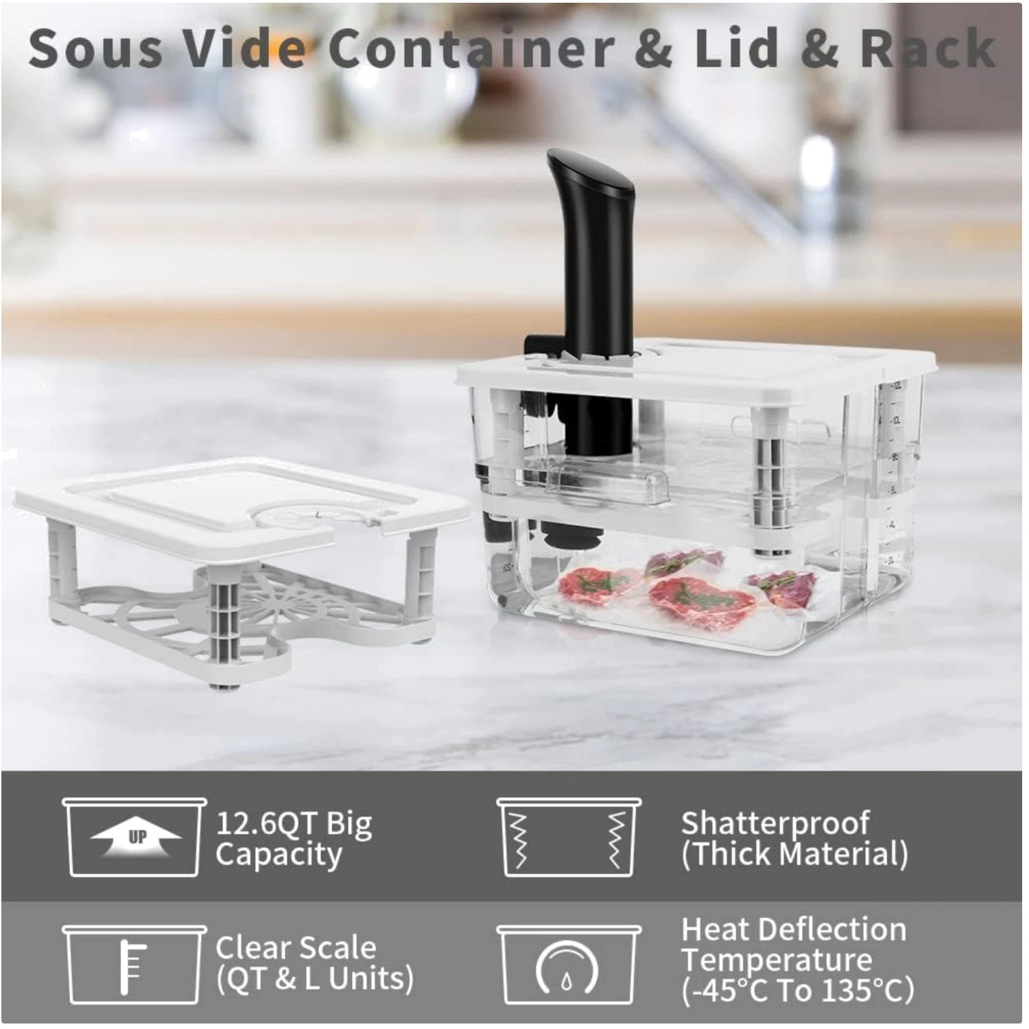 Sous Vide Container with Lid and Rack - 12.6 Quart