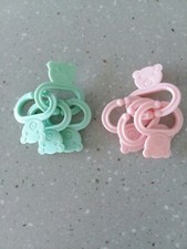 2 Vintage Bear Baby Rattle Rings Pink  Green