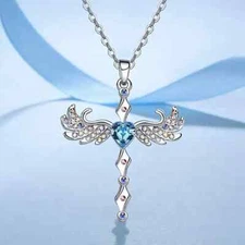 Fashion Wing Shaped Cross With Artificial Blue Crystal Necklace Jewelry