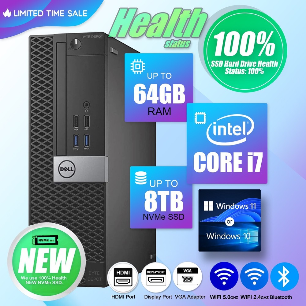 Powerful Dell Desktop PC - Intel i7, 64GB RAM, 8TB SSD, WiFi, Win 10/11