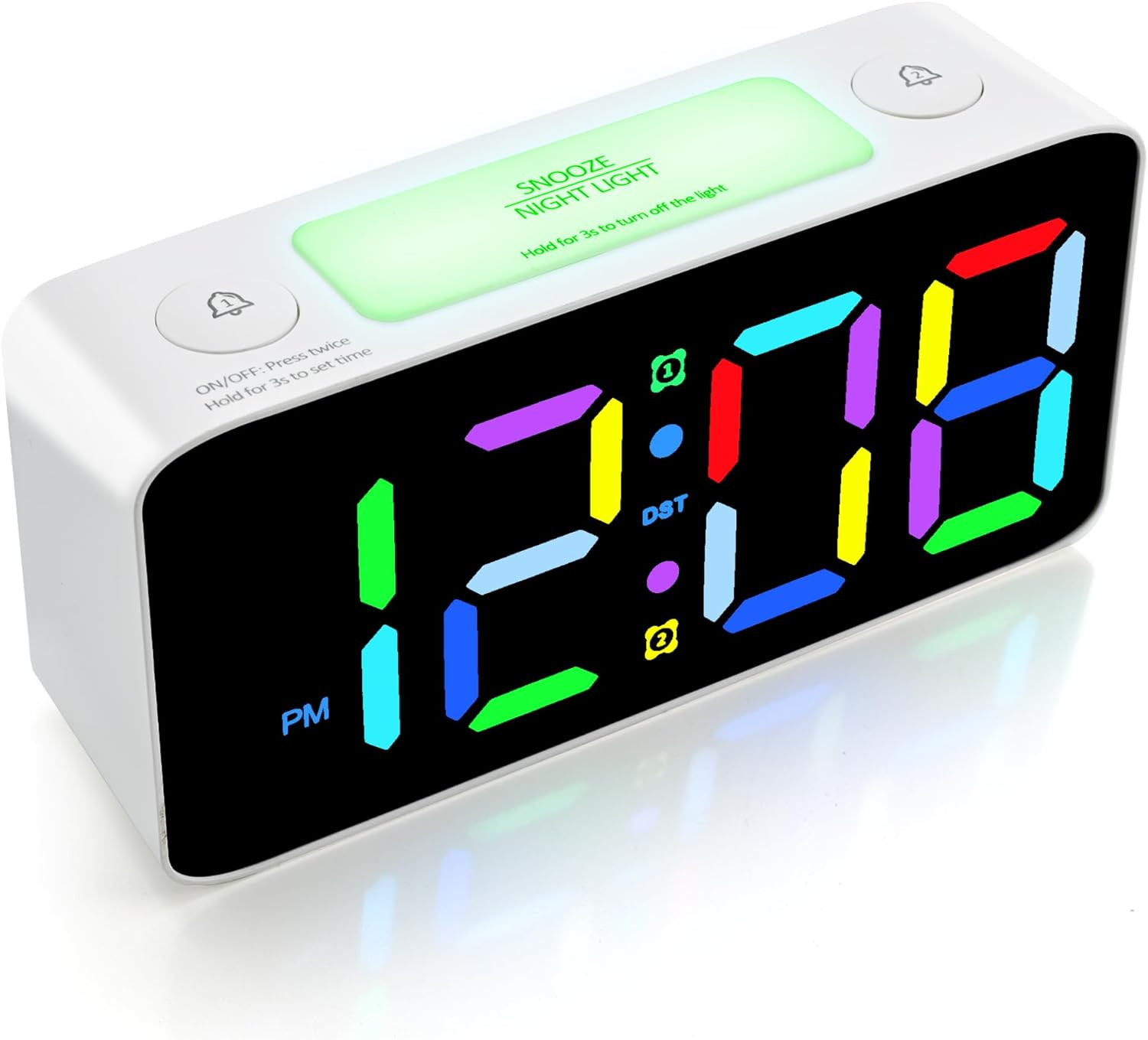 Digital Alarm Clock for Bedroom - Dual Loud Alarms, Large Night Light with 7 Col