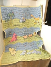 Baby Quilted Blanket Comforter Crib Blue/Green/Yellow Giraffe Zoo Animal 44 x 34