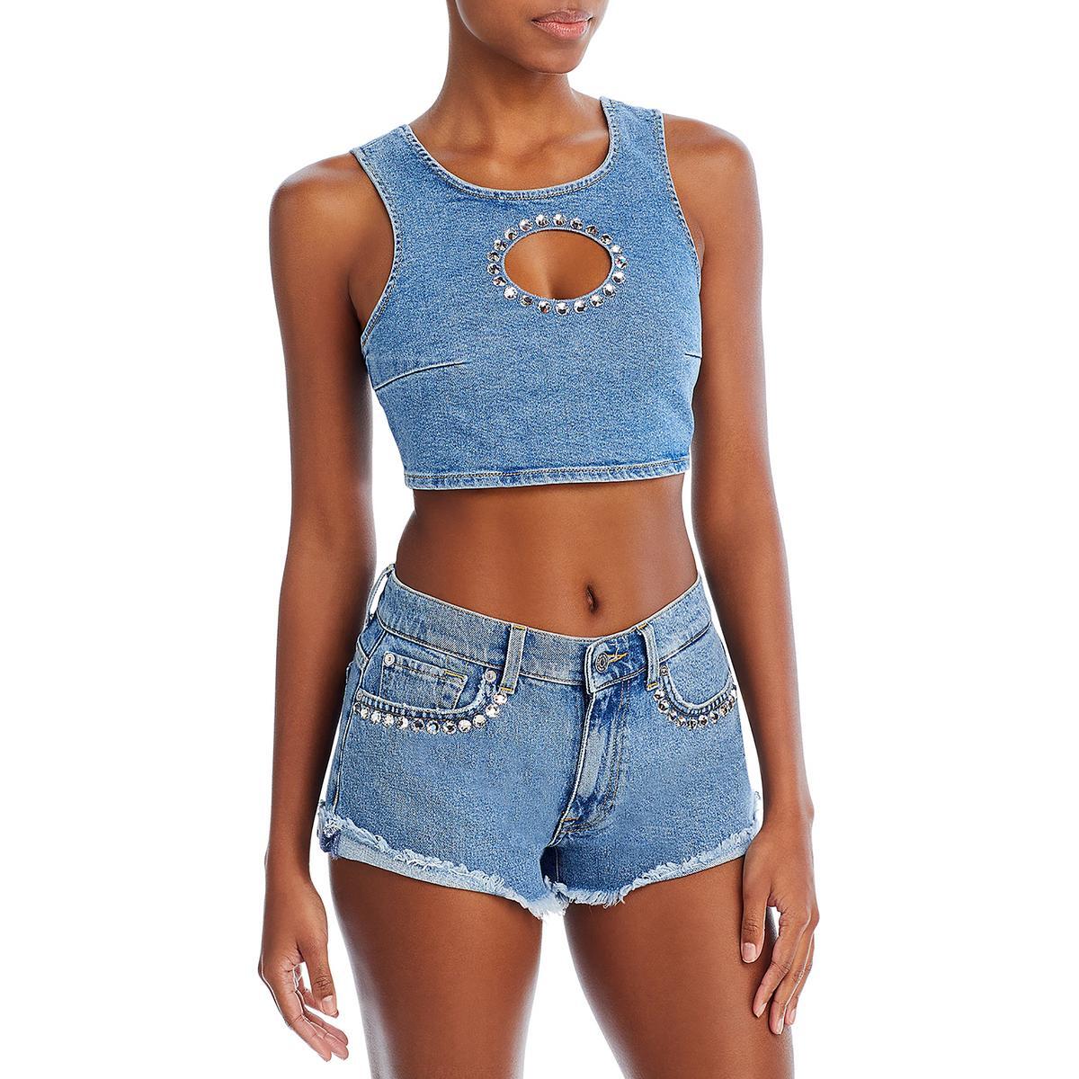 7 For All Mankind Женская укороченная майка с синим вырезом Cami M BHFO 3750