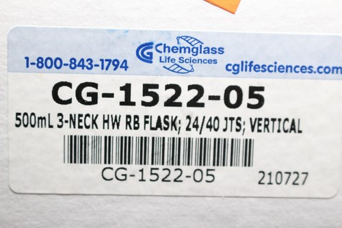 500 mL 3 Neck Round Bottom Flask Heavy Wall Chemglass CG-1522-05 24/40 CN/SN - Picture 3 of 3