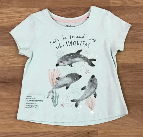 TU Short Sleeve T-Shirt Girl 18-24 Months Mint Green Dolphins Front Writing Back - Picture 7 of 12
