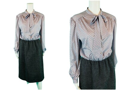 Vintage 70s Secretary Dress Womens Large Diamond Print Ascot Faux Wool One Piece