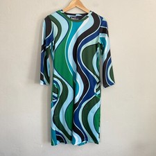 Leslie Evers Dress Women Size XS Blue Green Wave Pattern Pockets
