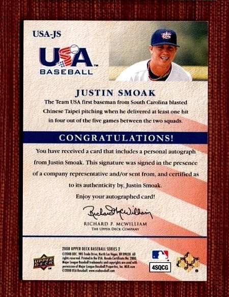 Autógrafos del equipo nacional de Estados Unidos Upper Deck 2008 azul #JS Justin Smoak/60 Foto 2 de 2