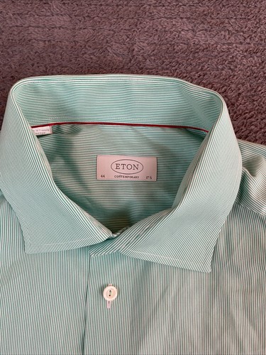 Camisa Eton Para Hombre Extra Grande 44 17.5 Contemporánea Abotonada Verde Blanco Rayas - Imagen 3 de 10