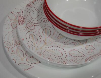   NEW 12-pc Corelle LEAF STITCH Dinnerware Set *Rustic Floral RED GRAY Stitches
