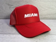 NEW MIAMI SCRIPT RED CAP HAT 5 PANEL HIGH CROWN TRUCKER SNAPBACK