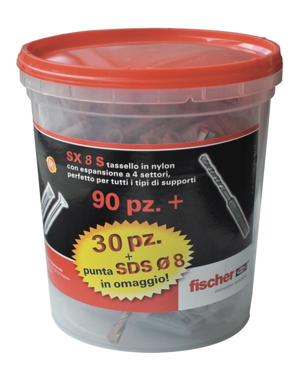 Scorta 120 Tasselli Fischer SX 8 S + Vite + Punta SDS 8 - Uso Professionale