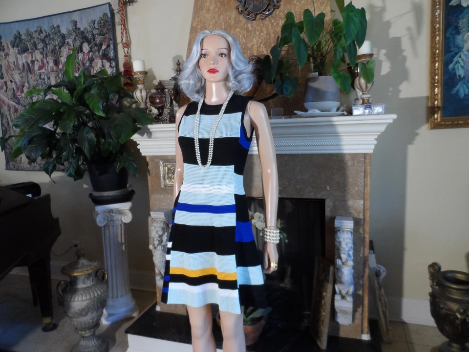 Vestido Proenza Schouler Negro Multi Seda Rayas Tejido Ajuste y Acampanado Talla XS Foto 3 de 4