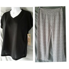 Muk Luks Pajama Set Gray Black Geometric Long Pant Cap Sleeve Medium 42" Bust