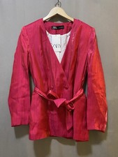 NWT ZARA Women Collarless Crinkled Effect Belt Blazer SZ L Metallic Reddish Pink