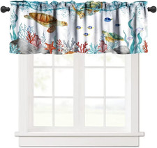 Sea Turtle Window Valance, Teal Blue Ocean Underwater Animal Starfish Fish Nauti