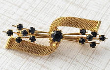 Vintage Gold Tone Mesh Dark Navy Blue Rhinestone Brooch 2"