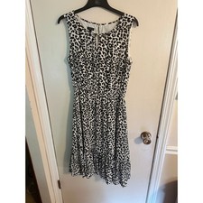Talbots Black Cream Leopard Print Sleeveless Midi Dress Flounced Hem Woman Sz 8