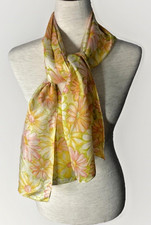 Vintage Floral Scarf Yellow Pink Daisy Sheer Mod Retro 60s 70s 13 x 53 Cottage