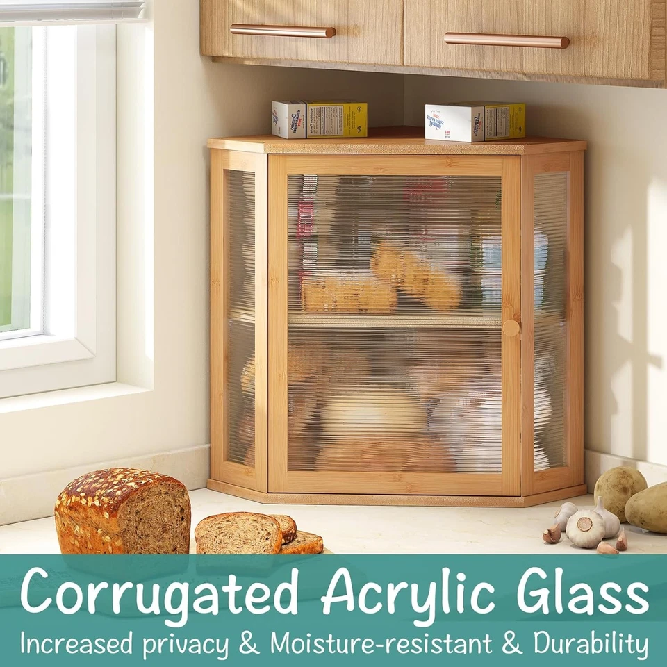 Угловая коробка для хлеба для кухонного стола, бамбуковое дерево большая очень большая, натуральная  - Изображение 3 из 4