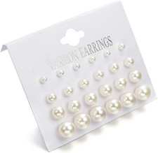 12 Pairs White Pearl Stud Earrings Set Push Back