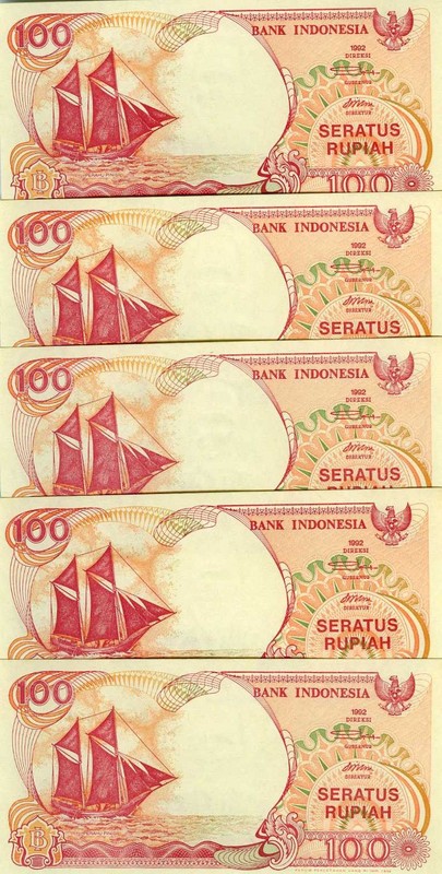 LOT Indonesia, 5 x 100 Rupiah, 1992, P-127, UNC Volcano, Sailboat