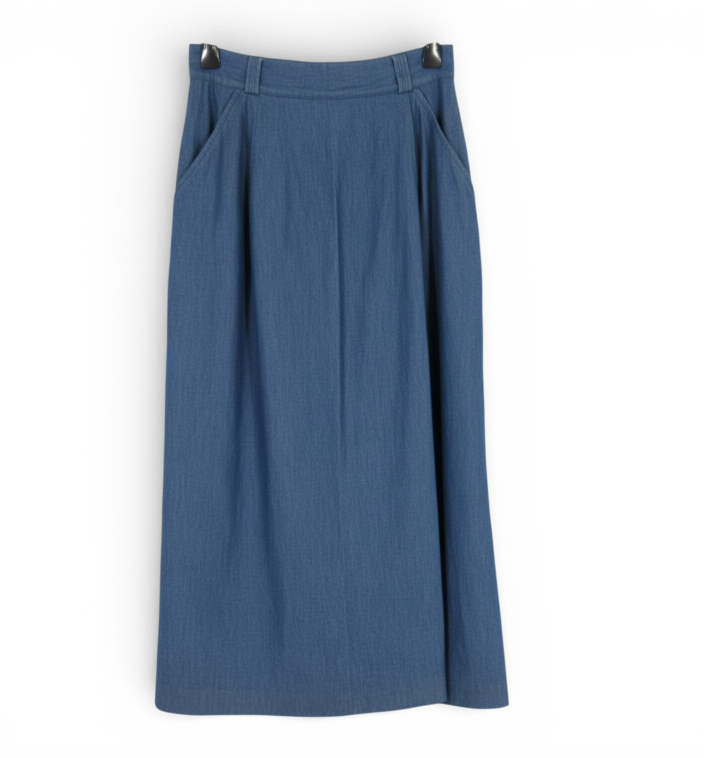 VTG PRESTWYCK Blue Denim SIDE POCKETS Button/Zip PLEATED WRAP Pencil SKIRT Sz 10