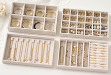 Beige Velvet Jewelry Organizer Tray Set - 4-Layer Stackable Storage Inserts