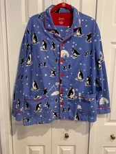 Nick & Nora Flannel Cotton Men’s Pajama Set Blue Sz L Skating Penguins Pockets