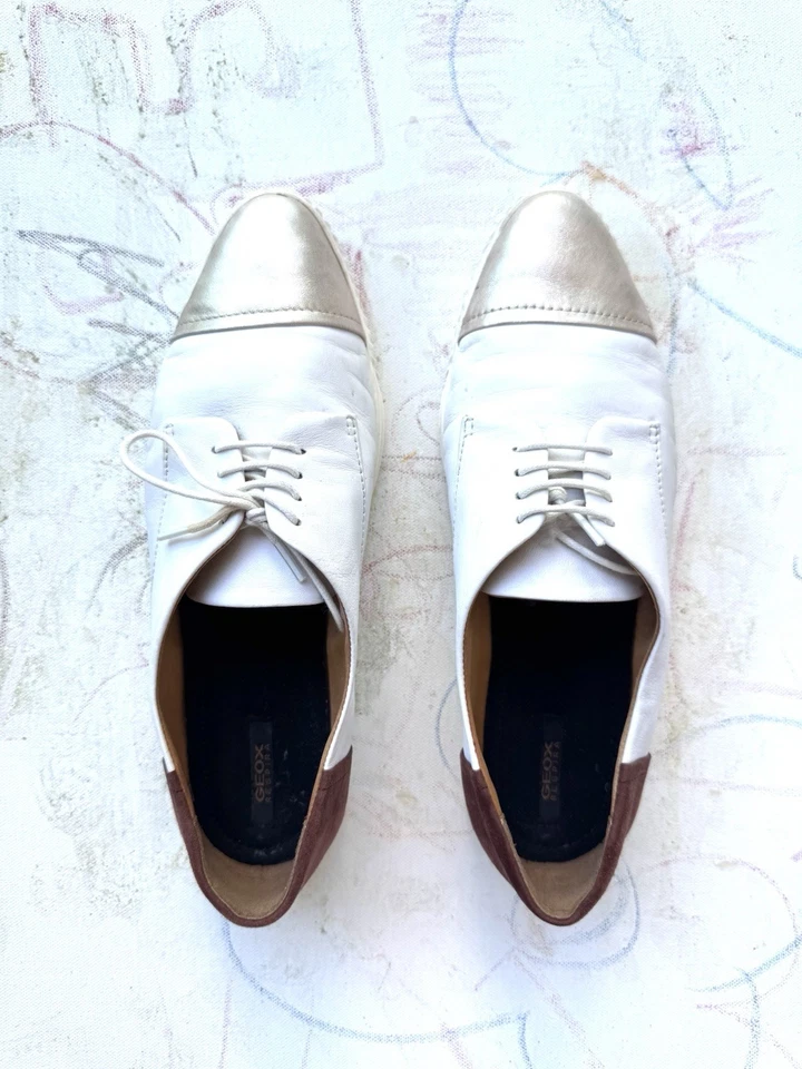 GEOX Respira White, Gold and Brown Oxford Style Leather Shoes Size 8 - Image 2 of 4