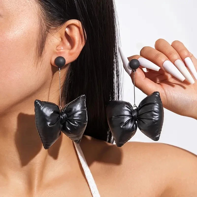 Earrings Black Solid Oversized Drop Bow Faux Leat… - image 1